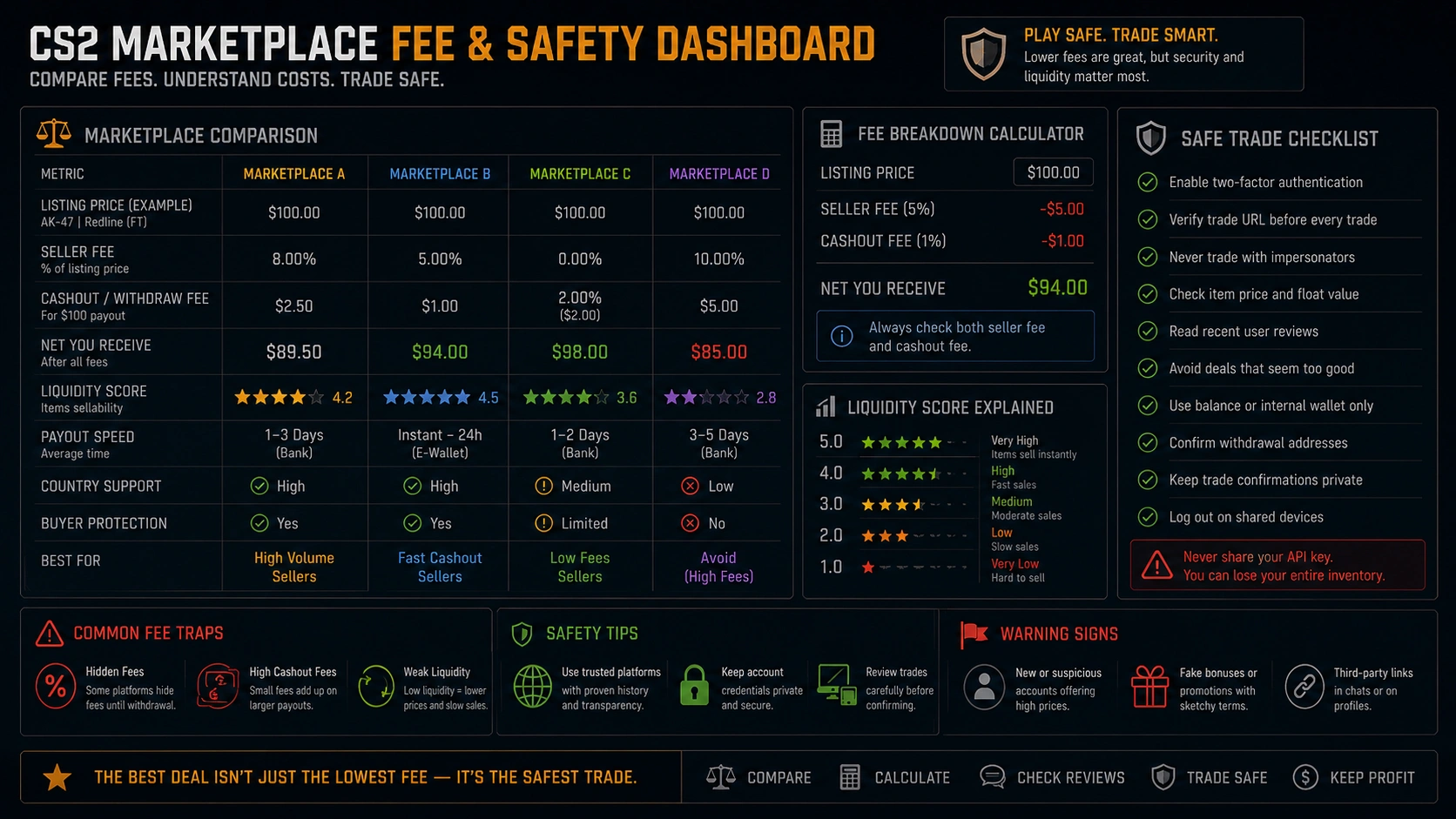 CS2 marketplace safety checklist with fees, payout and KYC verification