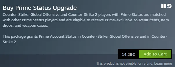 CS2 Prime Status page on Steam used to explain Prime matchmaking access