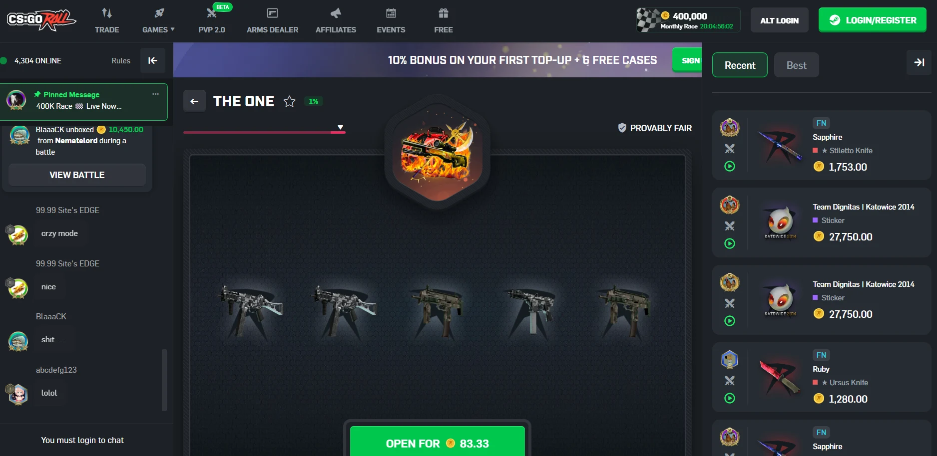 CSGORoll CS2 case opening site page used for a risk and bonus review