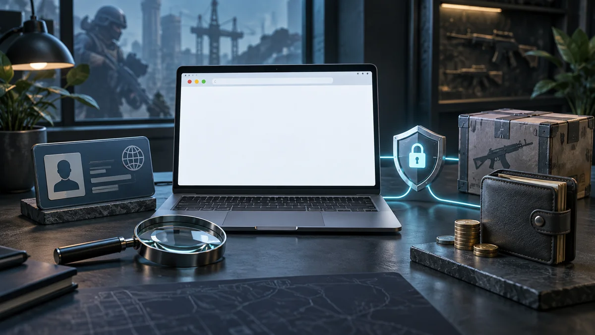 Website identity, trade delivery and payout wallet inspected beside a laptop.