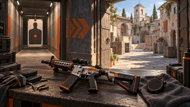 A focused target lane leads through a gate to a tactical courtyard.