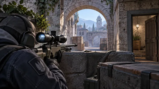 A scoped rifle holds an archway from cover beside a retreat doorway.