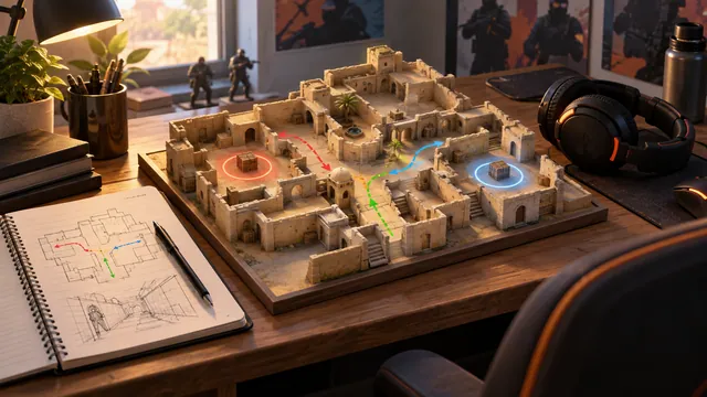 A miniature tactical map and practice notebook illustrate learning routes before competitive play.