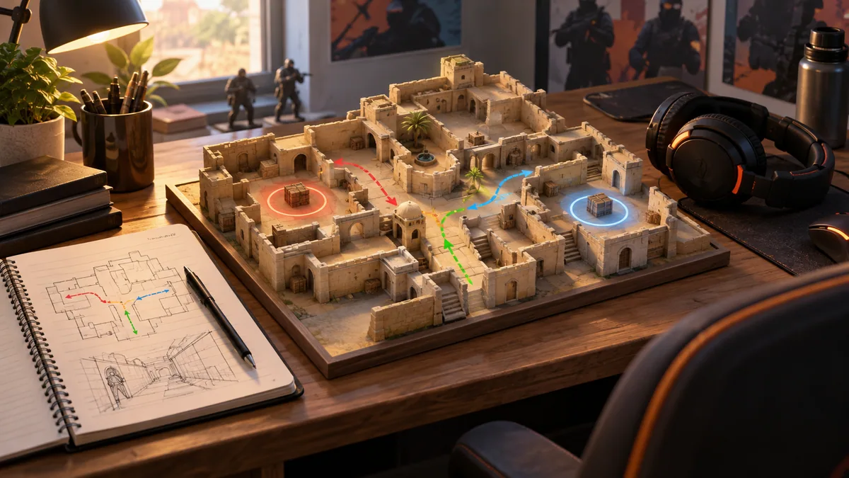 A miniature tactical map and practice notebook illustrate learning routes before competitive play.
