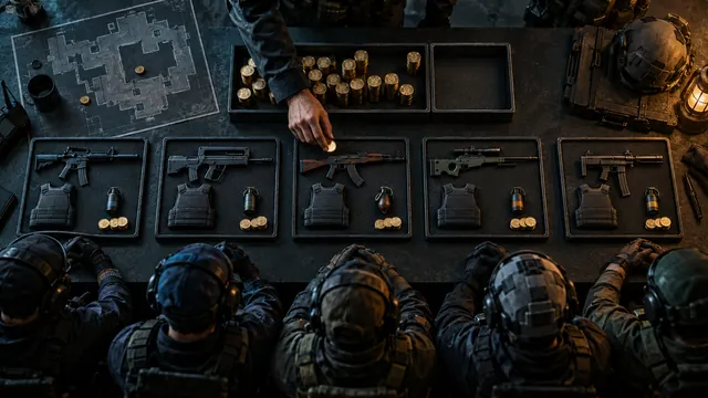 Five team equipment trays with rifles, armor, grenades and shared coin reserves.