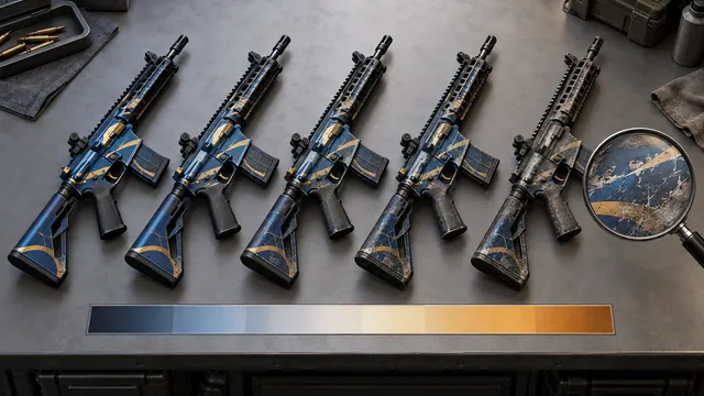 Five identical weapon finishes show progressively stronger surface wear under inspection.