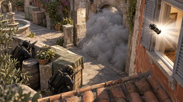 A smoke cloud blocks an angle while two teammates prepare to move.