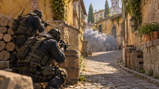 Two teammates contest a narrow alley while keeping cover and a retreat route.