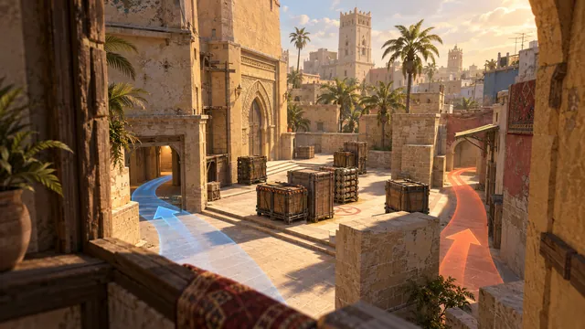 Sandstone mid courtyard, window vantage and branching route ribbons evoke Mirage rotations.