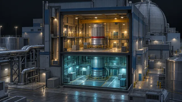 Simplified nuclear facility cutaway with upper and lower halls and vertical connections.
