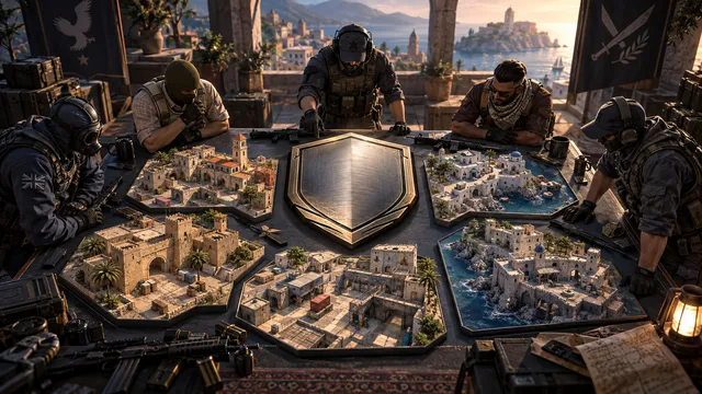 Five player stations surround a shield and a selection of map models.
