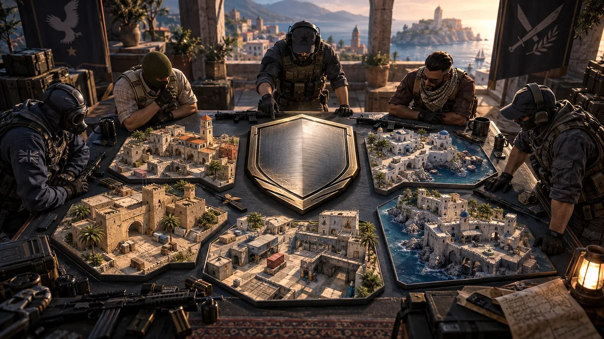 Five player stations surround a shield and a selection of map models.