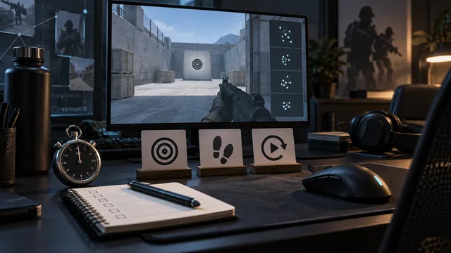 Training desk with stopwatch, checklist, aiming range and practice task cards.
