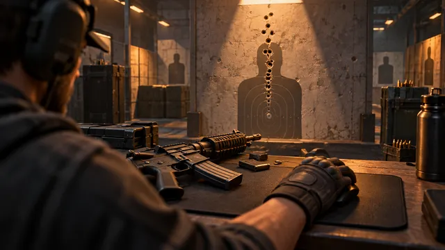 A practice rifle and upward bullet grouping at a training range.