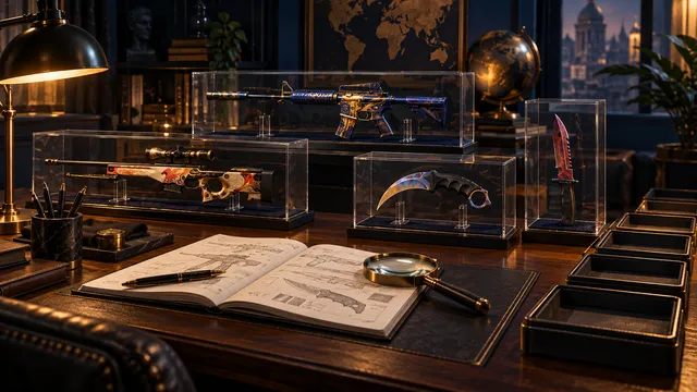 Collectible weapon finishes displayed beside an analyst's notebook and sale trays.
