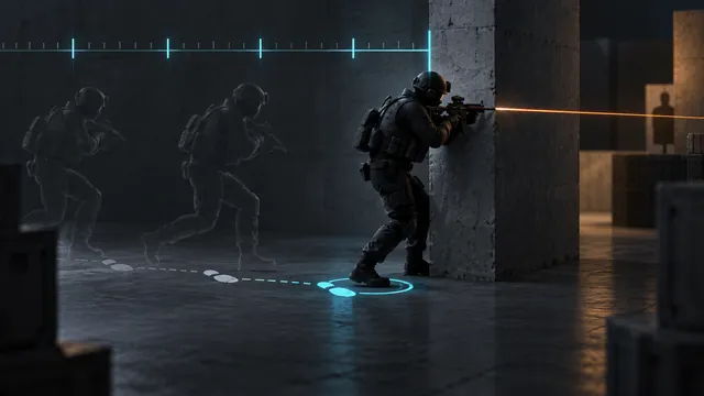 Tactical player peeking a corner with a movement trail and a final stop marker.