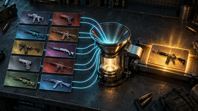 Ten cosmetic weapon cards combine into one higher-tier output with uncertain outcome.