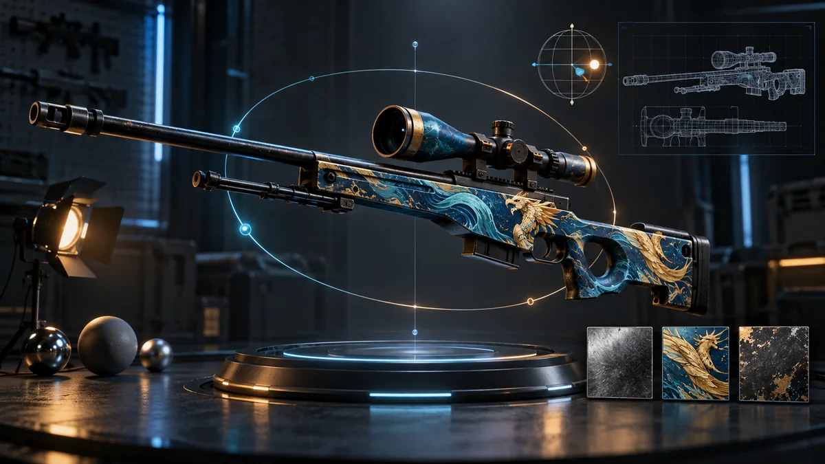 Cosmetic sniper rifle in a 3D inspection lab with orbit and material controls.