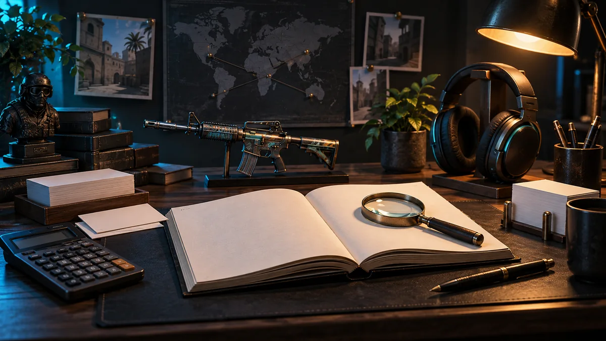 Esports research desk with reference book, calculator and cosmetic item model.