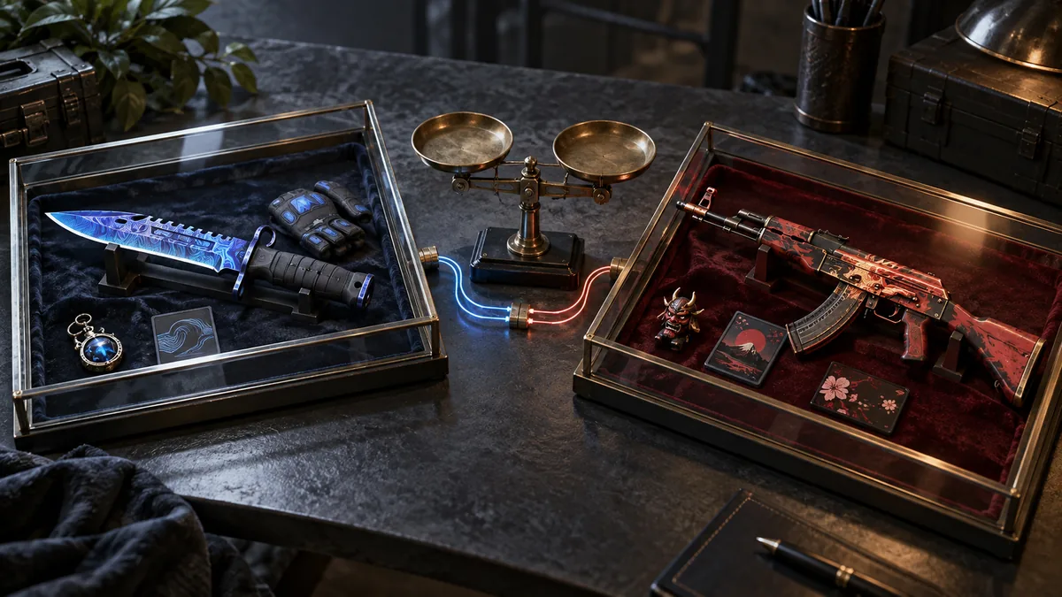 Two different gaming collectibles are inspected before a balanced exchange.