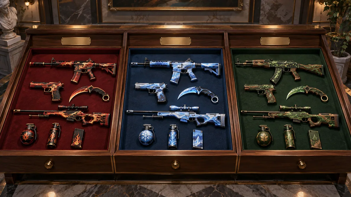 Separate drawers organize weapon finishes into distinct collections.