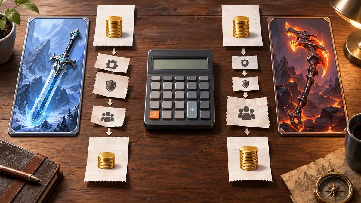 Equal gross sales pass through different fee deductions to illustrate net-proceeds comparison.