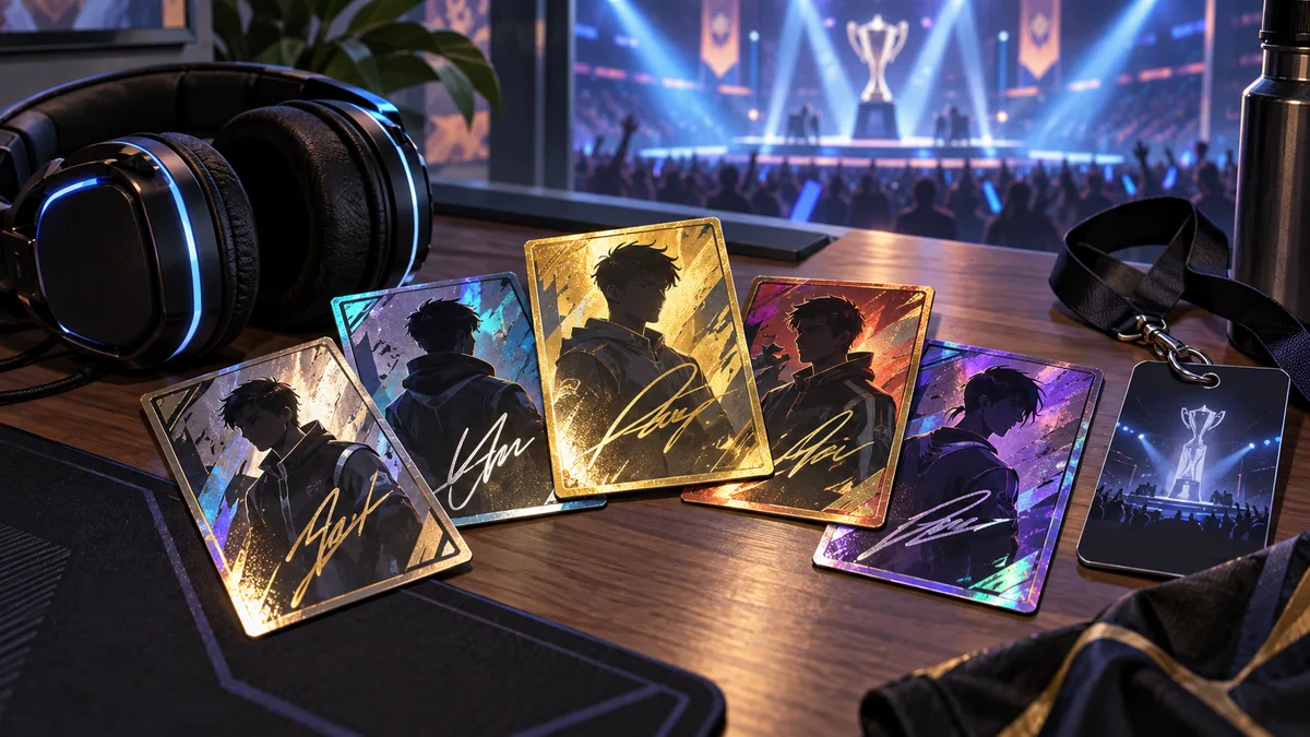 Abstract autograph-style sticker cards evoke individual esports player collectibles.