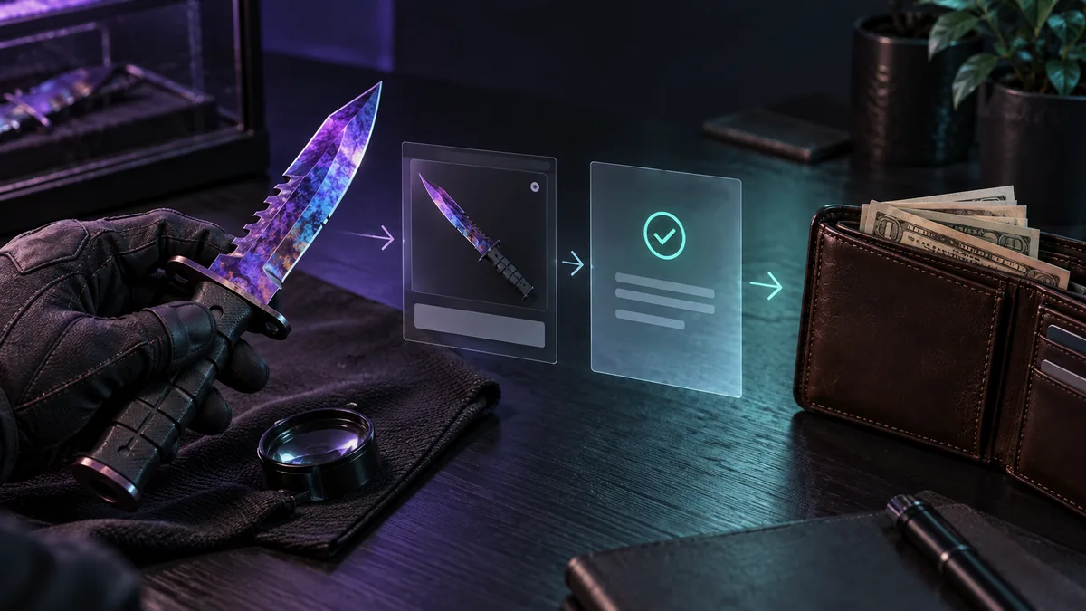 A collectible gaming knife follows a sale and payment path toward a wallet.