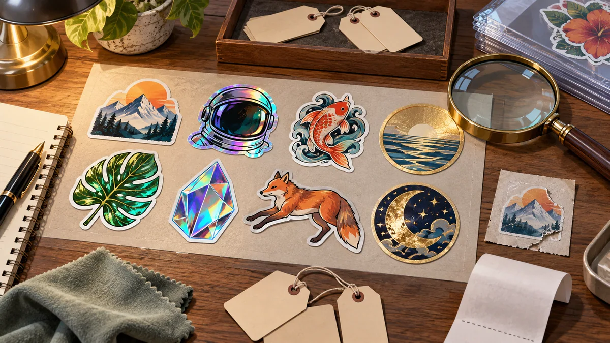 Paper, holographic and foil-style stickers are compared with price and condition checks.