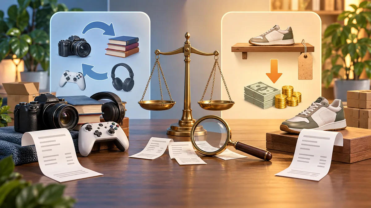 Two marketplace transaction workflows are compared with receipts, fees and item checks.