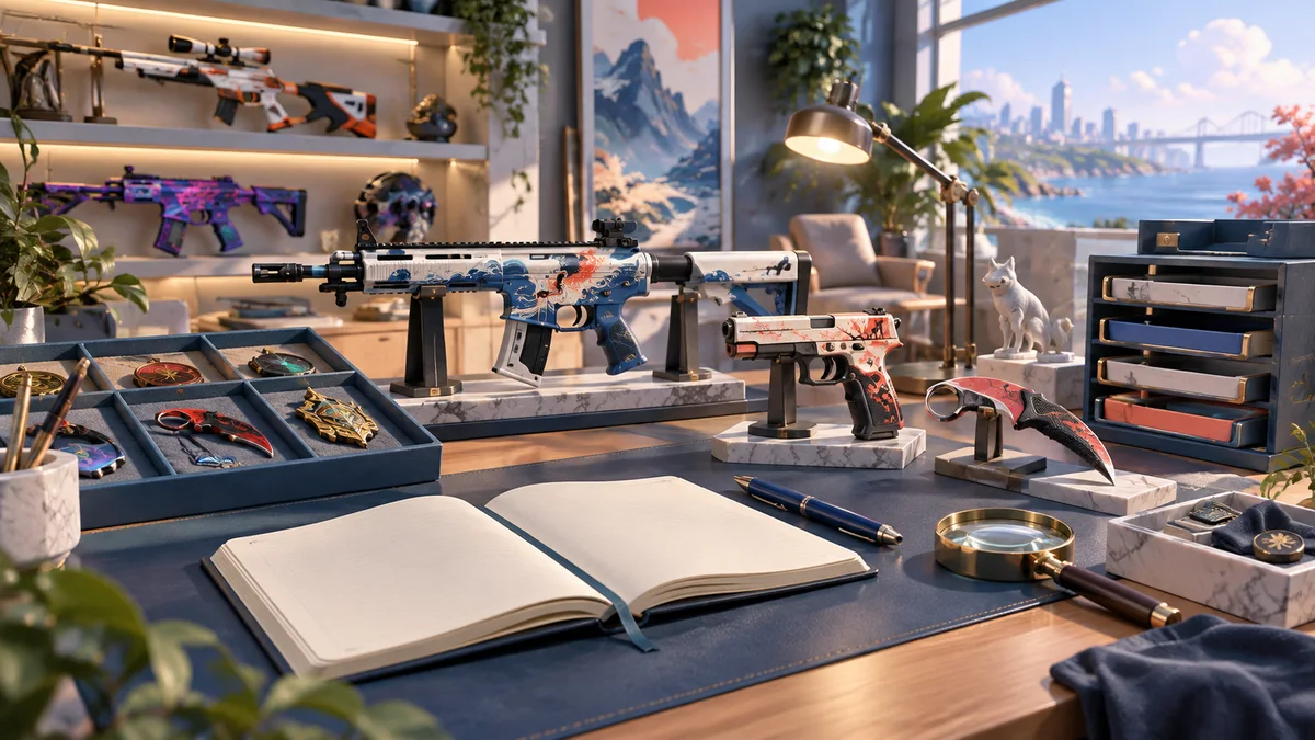 Research tools and collectible models on a bright studio desk.