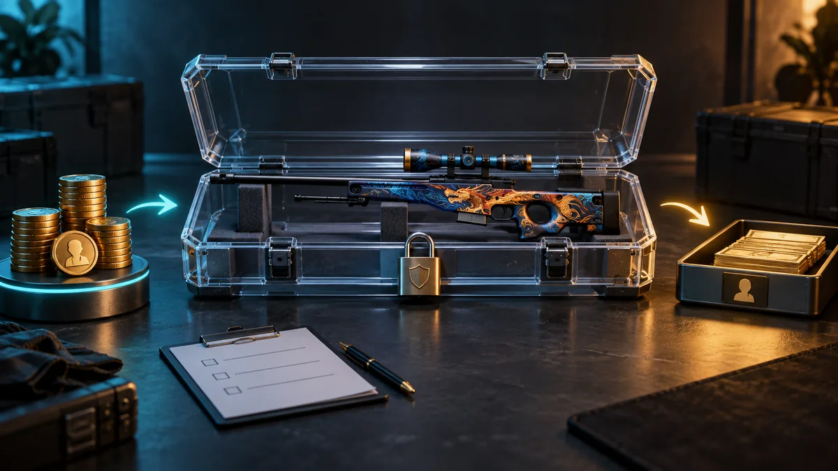 Cosmetic sniper rifle in an escrow inspection case between buyer coins and payout tray.