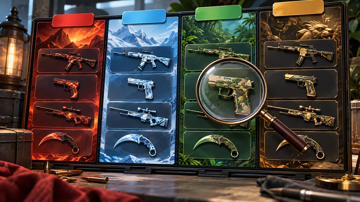 Weapon cards are grouped by finish family to illustrate collection membership.