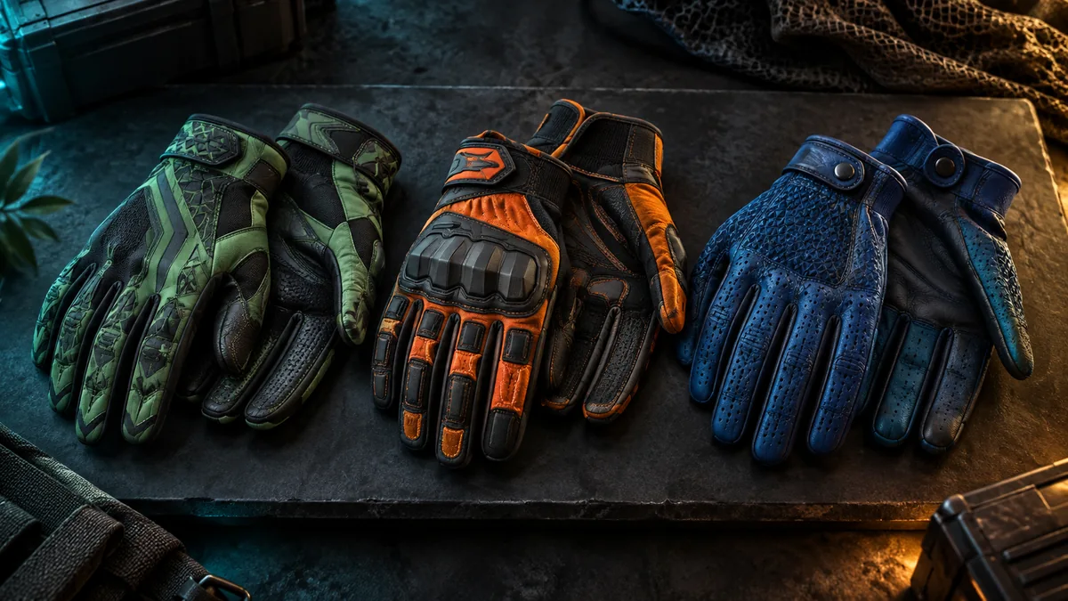 Three patterned tactical glove pairs with distinct materials and colorways.