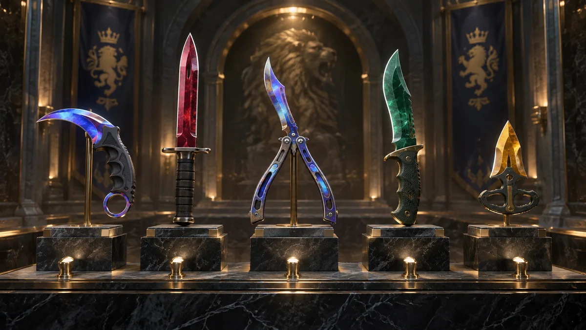 Distinct collectible knife models in a comparison display.