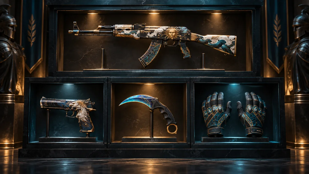 Cosmetic inventory showcase with rifle, pistol, knife and gloves.