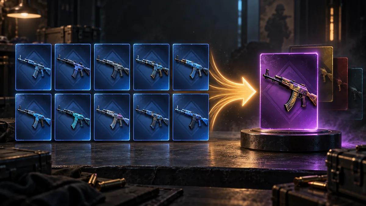 Ten ordinary trade-up input cards and one possible next-rarity output.