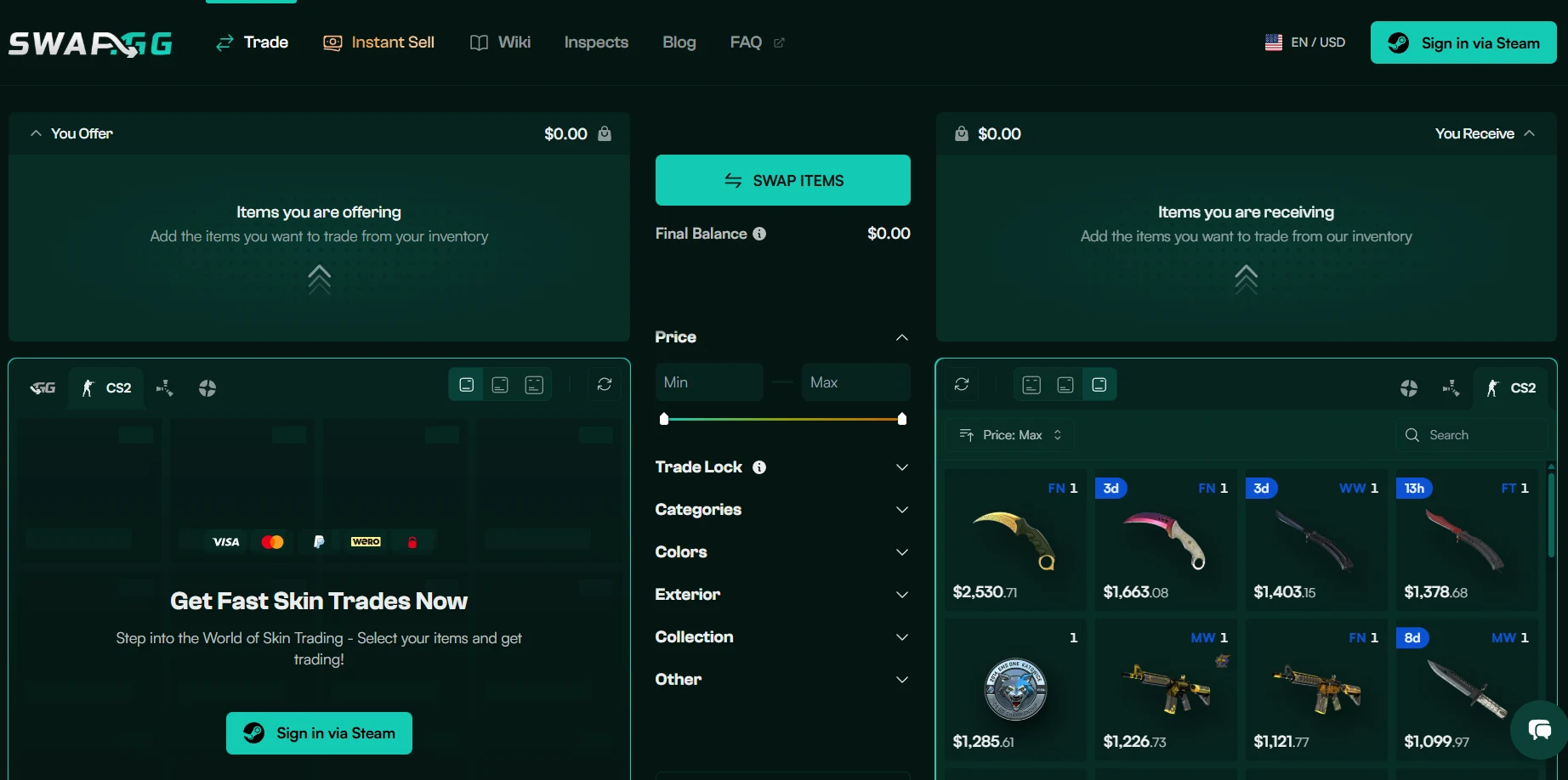 Swap.gg CS2 skins trading page used for a safety and fees review