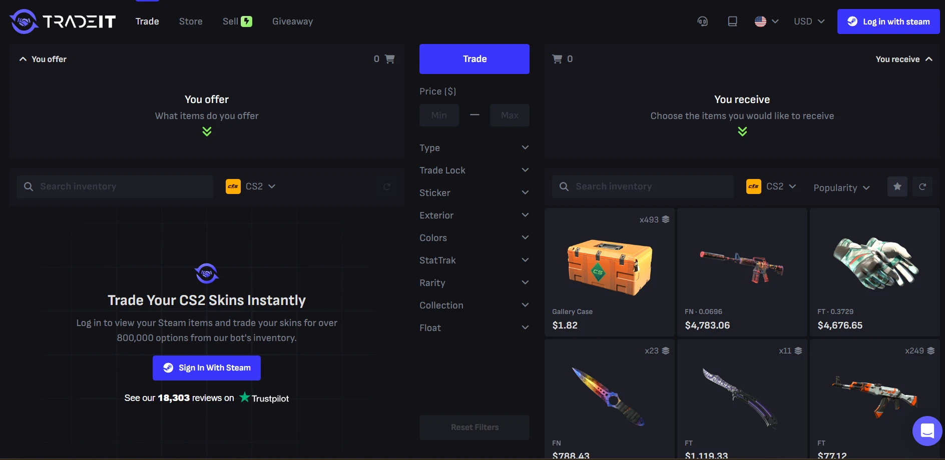Tradeit.gg CS2 skins trading page used for a safety and fees review