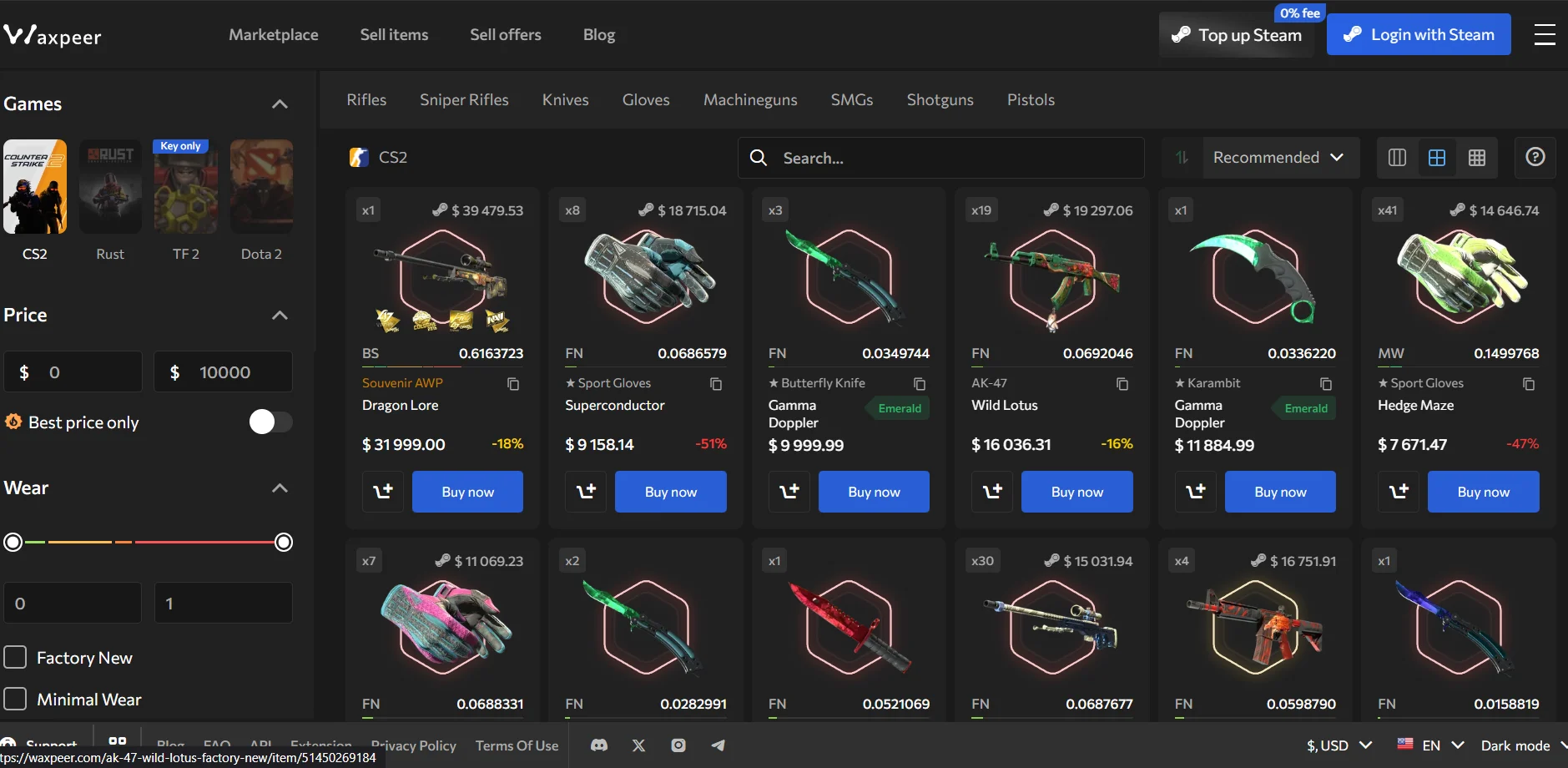 Waxpeer CS2 skins marketplace page used for a safety and fees review